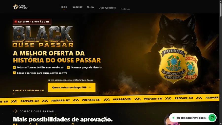 Captura real do site Ouse Passar