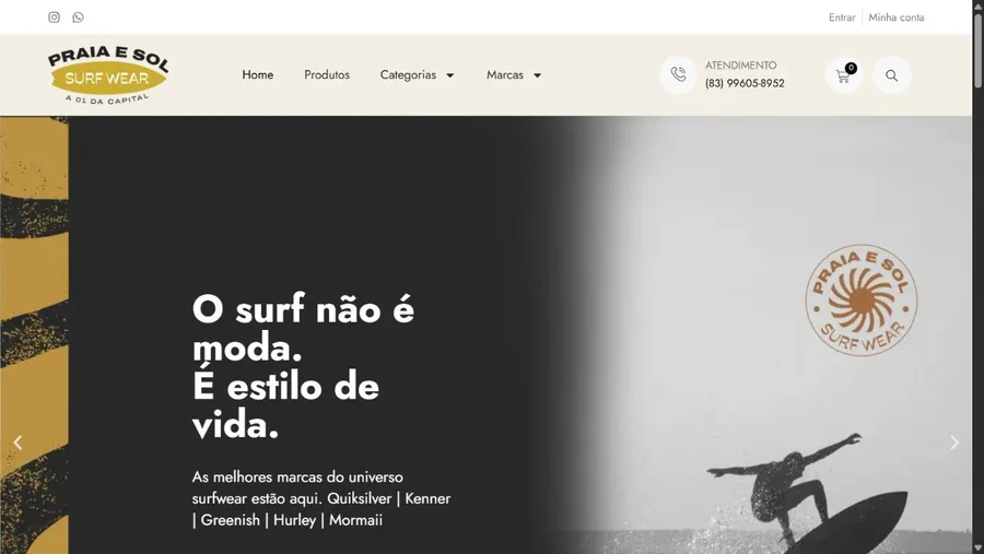 Captura real do site Praia e Sol Surf Wear