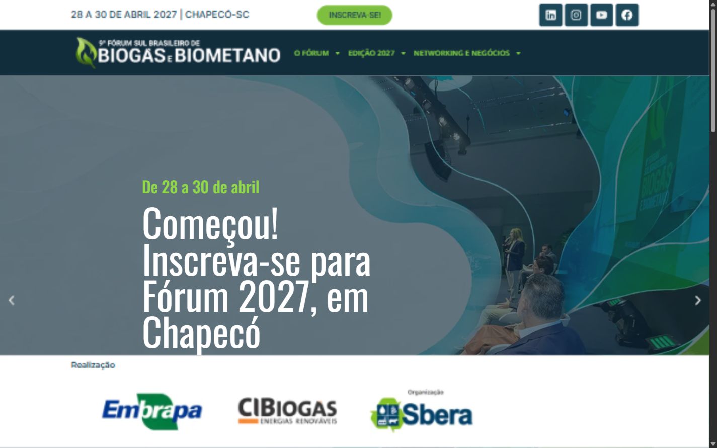 Captura real do site Fórum de Biogás e Biometano